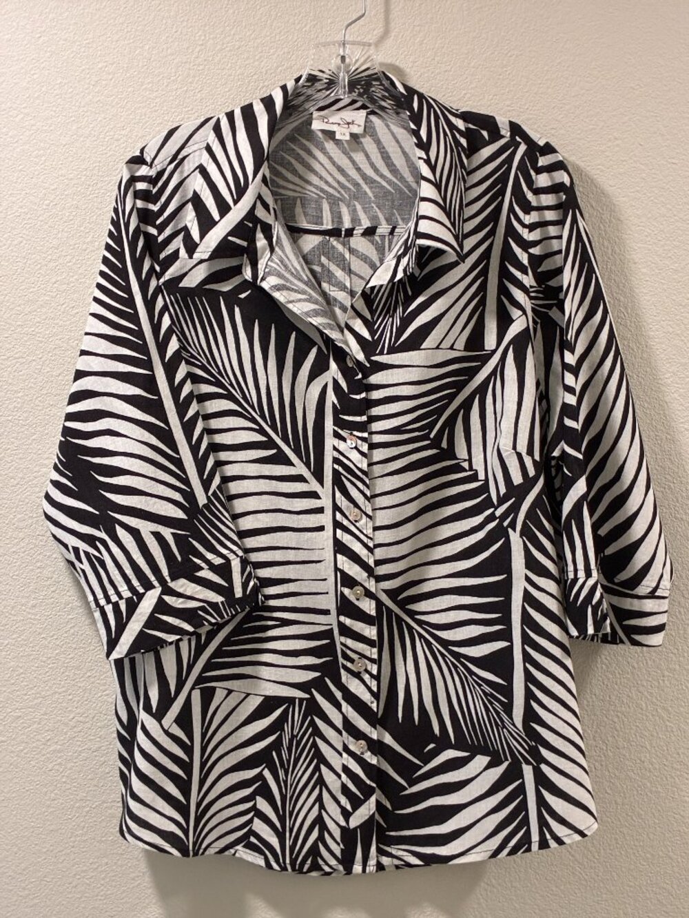PANAMA JACK White/Black 3/4 Sleeve Linen Button Front Tropical Top Women 1X NEW